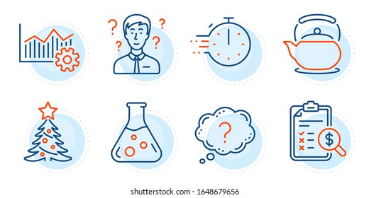 Teapot, Accounting report and Support consultant signs. Cooking timer, Christmas tree and Question mark line icons set. Chemistry lab, Operational excellence symbols. Stopwatch, Spruce. Vector