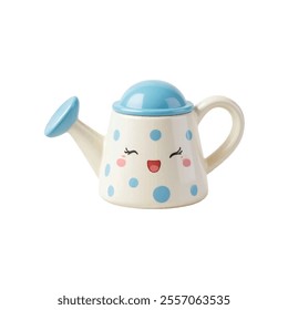 A teapot is adorned with a blue lid and handle, decorated with blue polka dots and a smiley face painted on its surface.