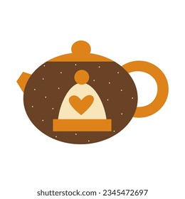 Teapot with autumn design. Warm drink. Cozy fall concept. Beanie hat motif with heart in seasonal colors.