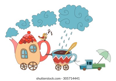 Teapot with bird, cup and car. Cartoon train. Cute fairy vector illustration.