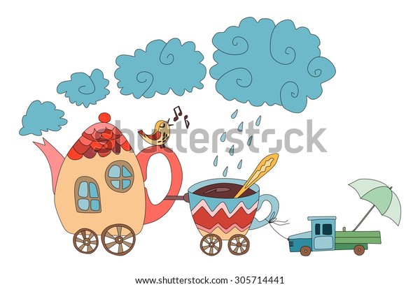 Teapot with bird, cup and car. Cartoon\
train. Cute fairy vector\
illustration.