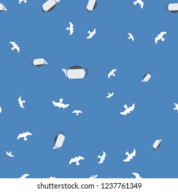 Teapot and bird seamless pattern. Vector illustration. Blue background.
