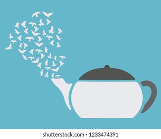 Teapot with birds flying out. Vector illustration. Light blue background.