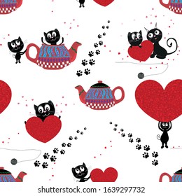 Teapot with black cats. Happy Valentine's day seamless fabric design pattern