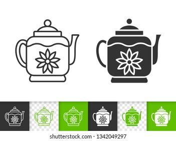 Teapot black linear and silhouette icons. Thin line sign of tea making. Glass Kitchenware outline pictogram isolated on white, transparent background. Vector Icon shape. Kettle simple symbol closeup