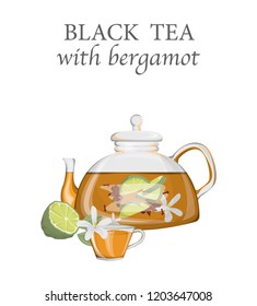Teapot with a black tea and bergamot. Hot brown herbal drink in a kettle and small cup made of glass. Isolated vector illustration