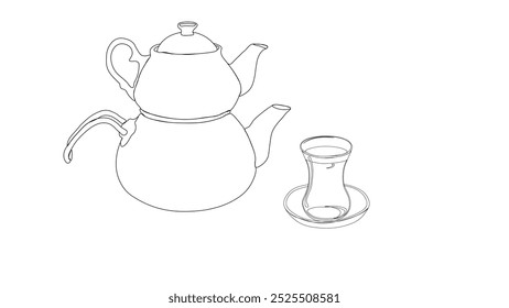 teapot and Black tea in glass tea cup vetor illustration. Turkish authentic traditional black tea in a classic turkish glass and kettle. tea set. line art style
