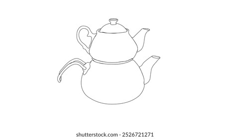 teapot and Black tea in glass tea cup vetor illustration. Turkish authentic traditional black tea in a classic turkish glass and kettle. tea set. line art style	