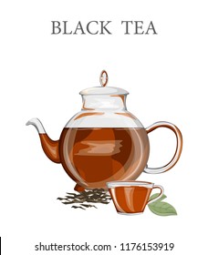 Teapot with a black tea. Hot brown drink in a kettle and small cup made of glass. Isolated vector illustration