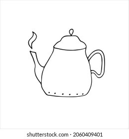 Teapot. Black and white vector illustration on a white background. Drawing by hand in the style of doodles. Porcelain teapot.