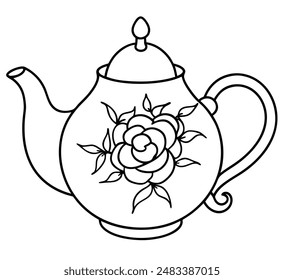 Teapot with Blooming Roses and Vines Line Art