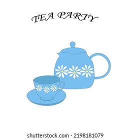 teapot teapot and blue cups set. Tea party vector illustration.