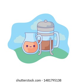 teapot and bottle with coffee in landscape kawaii style