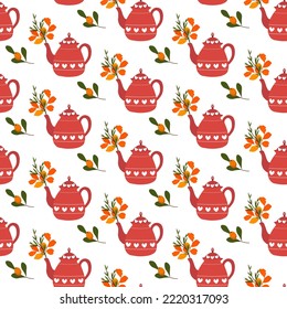 A teapot and a bouquet of autumn leaves with sea buckthorn berries. seamless pattern on a white background. Vector. For fabrics, prints, packaging materials, home interiors, brochures and booklets.