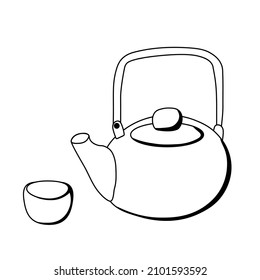Teapot and bowl. Vector stock illustration. Black and white drawing. Doodle.Isolated on a white background.