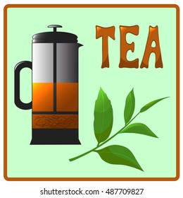 Teapot, branch with leaves, lettering, vector illustration icon