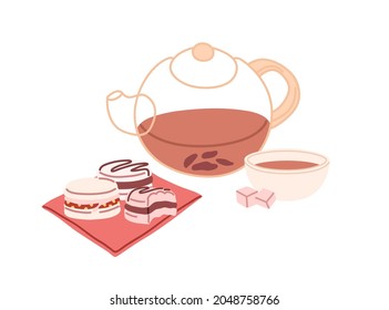 Teapot with brewed tea, cup, dessert and sugar lumps. Sweet macarons and bowl for drink. Colored flat vector illustration of teacup and glass pot isolated on white background