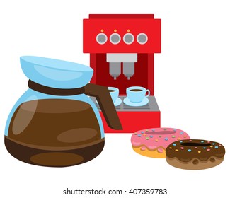 Teapot brewing coffee. Coffee machine and donuts.
