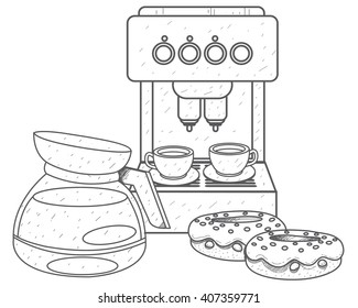 Teapot brewing coffee outline drawing. Coffee machine and donuts.