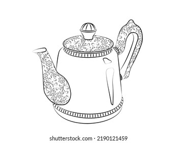 Teapot for brewing tea. Close-up of metal kettle decorated with floral pattern. Utensil for kitchen. Use for menu design, recipes, kitchen goods logo, sticker, website. Pot for boiling water. Sketch