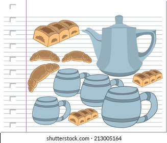 teapot and cake with on paper