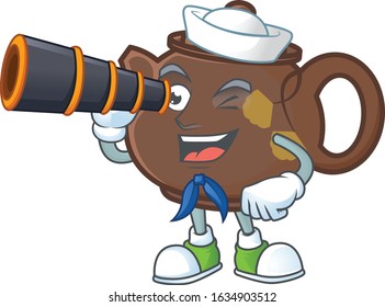 Teapot cartoon happy Sailor style with binocular