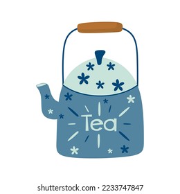 Teapot cartoon illustration isolated. Kettle with cap in flat style. Modern teapot household appliance to boil water, brew tea. Vector illustration