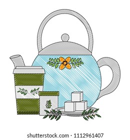 teapot ceramic paper cup tea sugar cubes and leaves