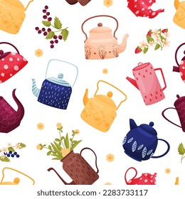 Teapot and Ceramic Tea Kettle Seamless Pattern Vector Template
