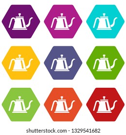Teapot with ceremony icons 9 set coloful isolated on white for web