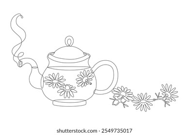 Teapot with chamomile tea, drawn with continuous line in minimalist style, transparent glass tea kettle, hot drink, dry medicinal herbs, camomile flowers, line art, editable vector contour.