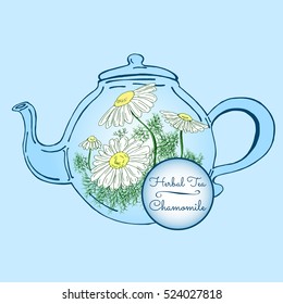 Teapot with chamomile tea on a blue background. Hand drawn sketch.