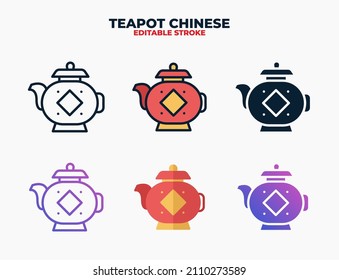 Teapot chinese icon set with different styles. Icons designed in filled, outline, flat, glyph and line colored. Editable stroke and pixel perfect. Can be used for web, mobile, ui and more.