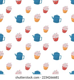 Teapot with Christmas ornamebt and cake seamless pattern 