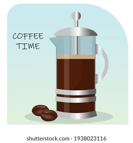 Teapot with coffee and beans. The finished picture in the children's image.