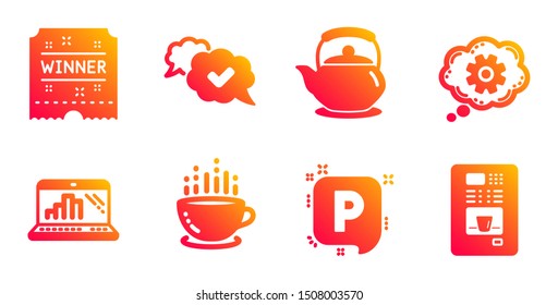 Teapot, Coffee cup and Winner ticket line icons set. Parking, Approved and Graph laptop signs. Cogwheel, Coffee vending symbols. Tea kettle, Hot drink. Business set. Gradient teapot icons set. Vector