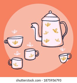 Teapot or coffee, cups and mugs. Editable vector illustration. Breakfast, afternoon coffee. Isolated on colored background. Sweet, romantic, cute.
