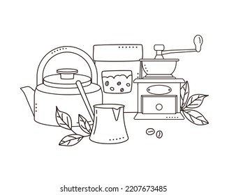 Teapot, coffee grinder, turk cup and kraft paper bags with coffee beans isolated on white background. Doodle style.