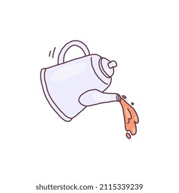 Teapot or coffee kettle with flowing hot drink, color doodle style vector illustration isolated on white background. Kitchen utensil for hot drinks brewing and serving.