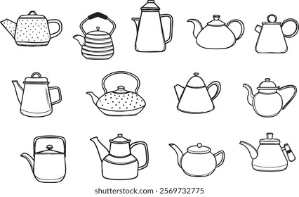 Teapot coffee maker set vector black lines