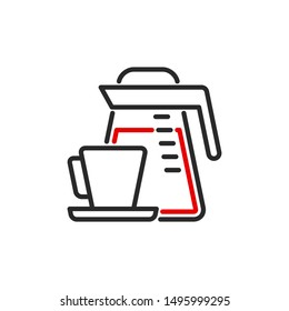 teapot with coffee and mug outline flat icon. Single high quality outline logo symbol for web design mobile app. Thin line sign design logo. Black and red icon pictogram isolated on white background