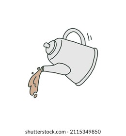 Teapot or coffee pot with hot drink flowing out of nozzle, doodle style color vector illustration isolated on white background. Kitchen tea or coffee kettle utensil.