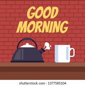 Teapot and coffee tea cup on table. Good morning concept. Vector flat graphic design illustration