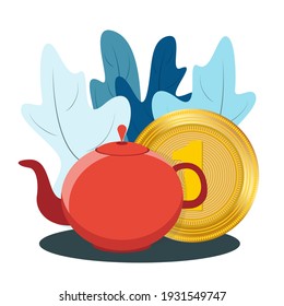 Teapot with coin and leaves. Tea cost concept. Vector graphics on an isolated white background. Illustration EPS 10.