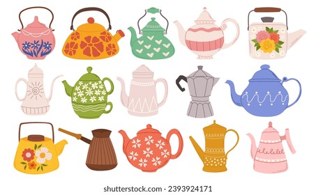 Teapot Collection, Whimsical And Diverse Crockery Set, Boasts An Array Of Shapes And Colors, Each Vessel Telling A Unique Story. From Classic Elegance To Quirky Charm. Cartoon Vector Illustration