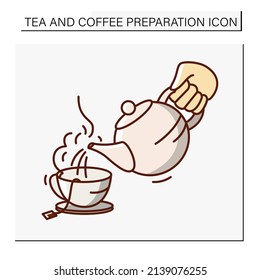 Teapot color icon. Hot kettle with boiled water brewing tea bag in empty cup. Tea party. Tea and coffee preparation concept. Isolated vector illustration