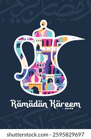 Teapot with colorful vibes in the inside for greeting card of Eid Kareem