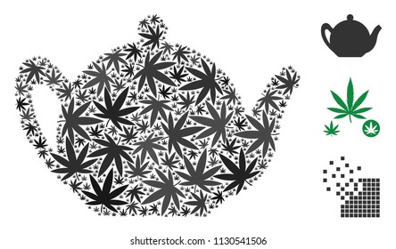Teapot composition of hemp leaves in various sizes and color tints. Vector flat marijuana objects are united into teapot composition. Drugs vector design concept.