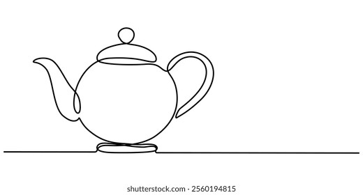 Teapot in continuous line art drawing style. Herbal tea black linear design isolated on white background. Vector illustration, Teapot. Continuous line drawing, Teapot with Steam. Single Line Drawing.