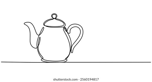 Teapot in continuous line art drawing style. Herbal tea black linear design isolated on white background. Vector illustration, Teapot. Continuous line drawing, Teapot with Steam. Single Line Drawing.